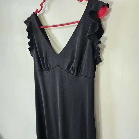 Vintage La Belle Black Dress Y2K V-Neck Ruffle Cap Sleeve Empire Maxi L 90s Y2K - Picture 3 of 10